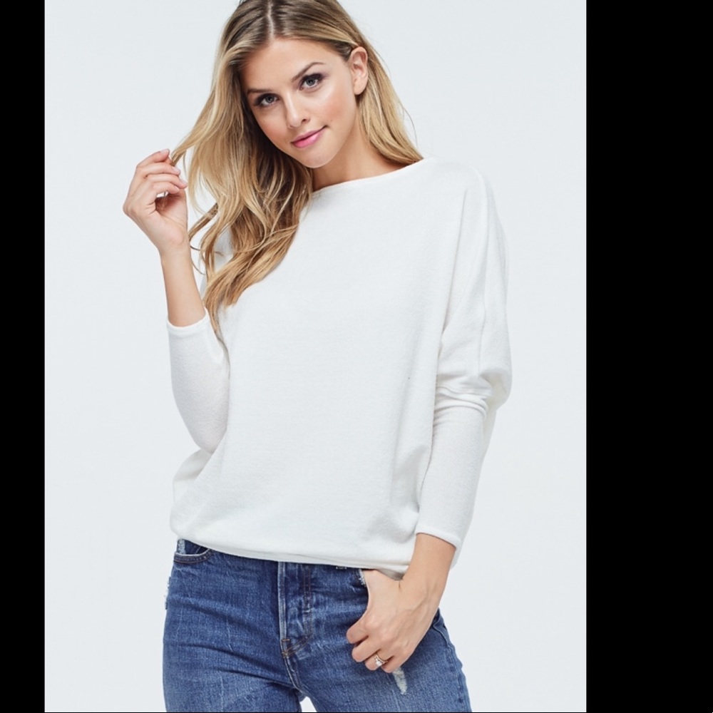 White Soft Knit Dolman sleeve on off shoulder top